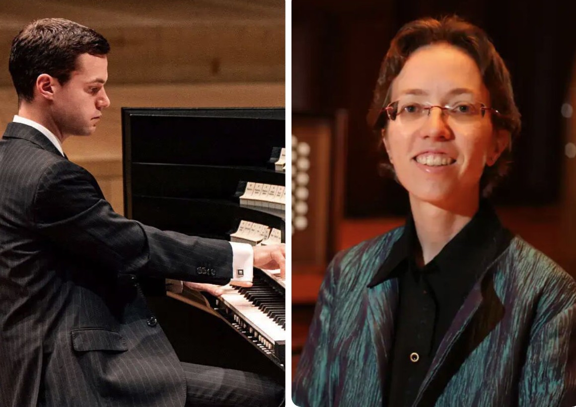 A sideways photo of Nathan Laube playing the organ and Isabelle Demers smiling at the camera with an organ just showing behind her.