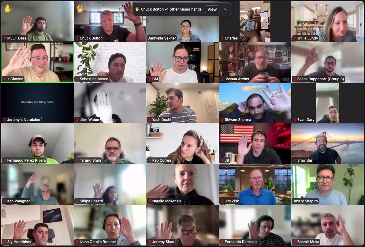 A zoom call filled with happy AI Agent Academy students