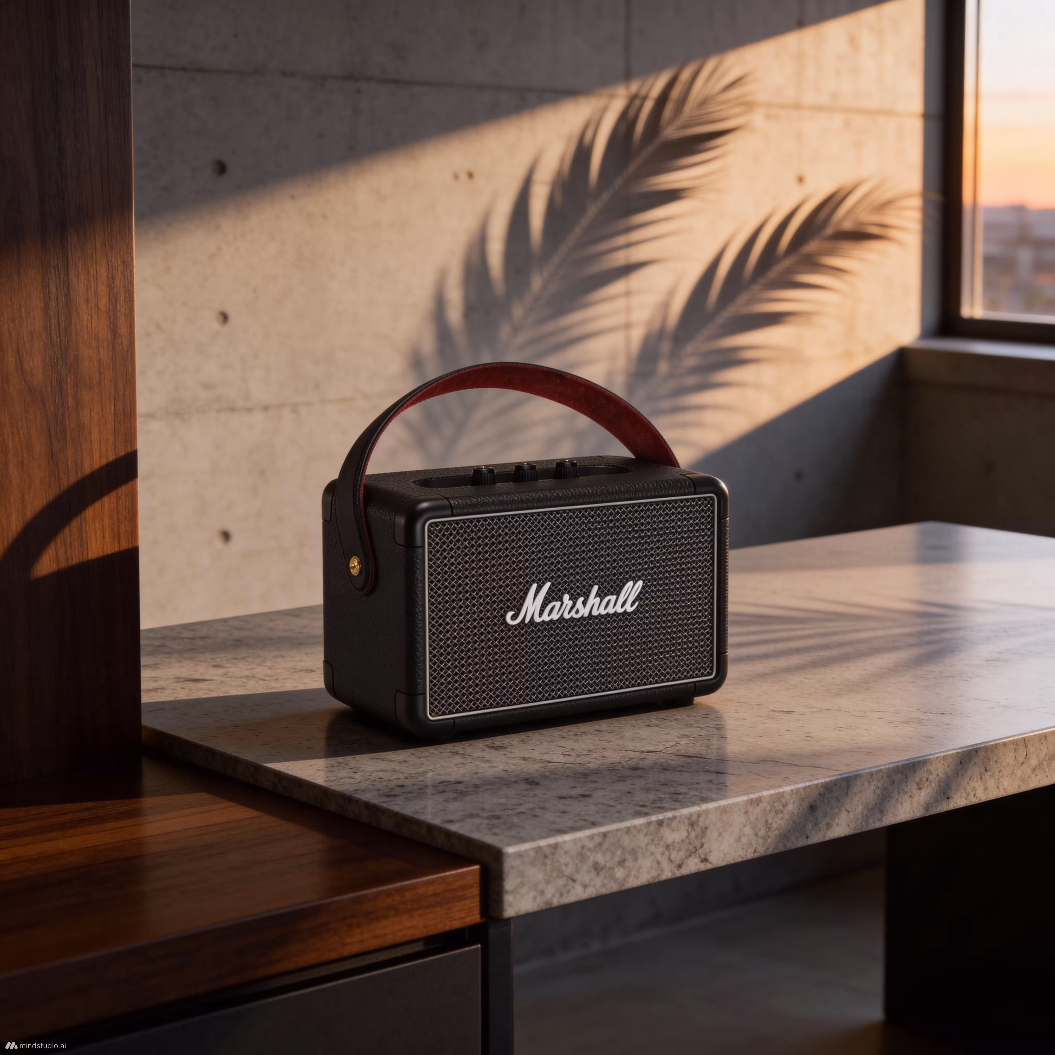 Black Marshall portable speaker with brown handle on marble table casting palm leaf shadows in warm sunlight.