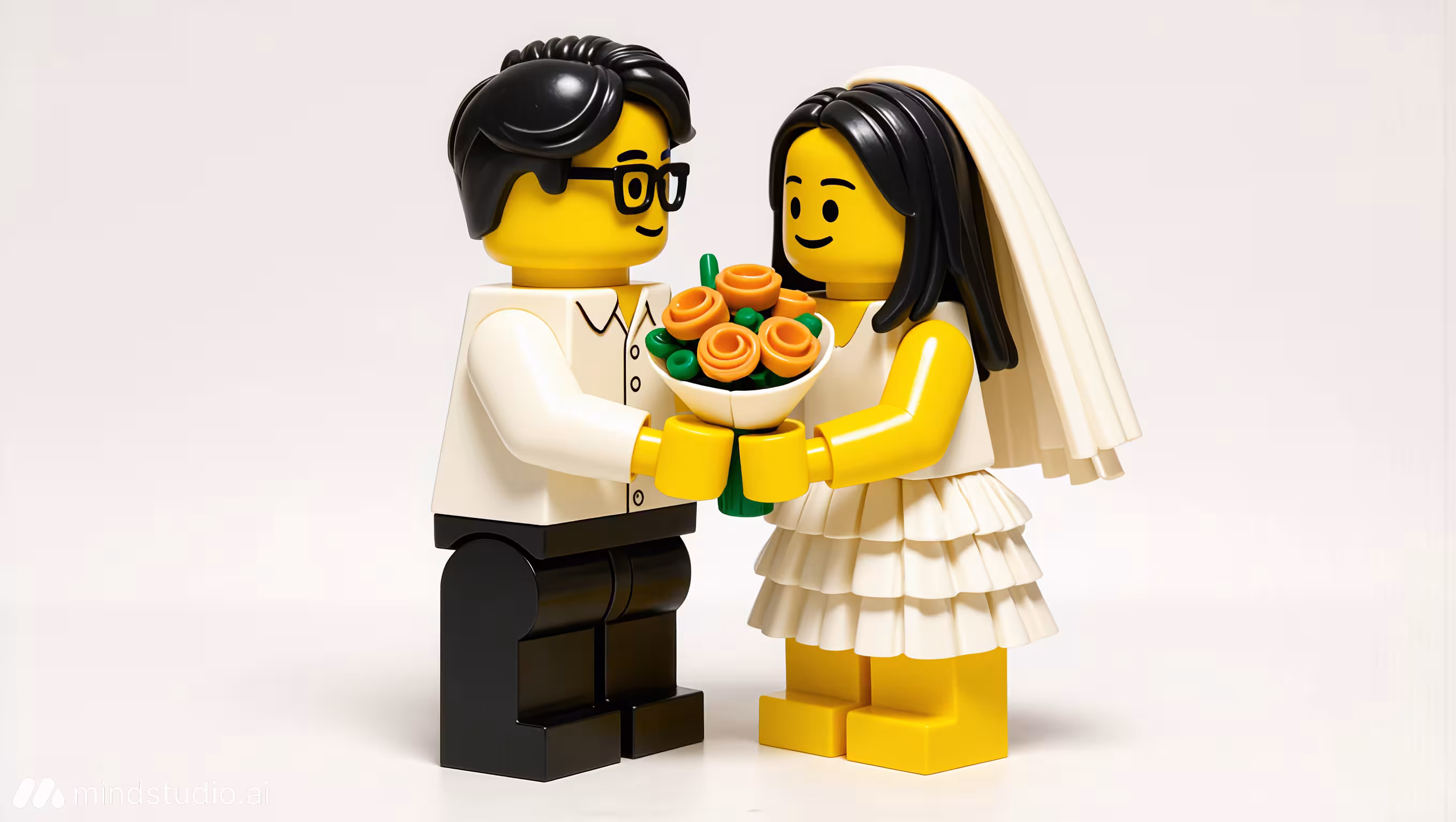 Lego bride and groom mini figures holding a bouquet of orange flowers together.