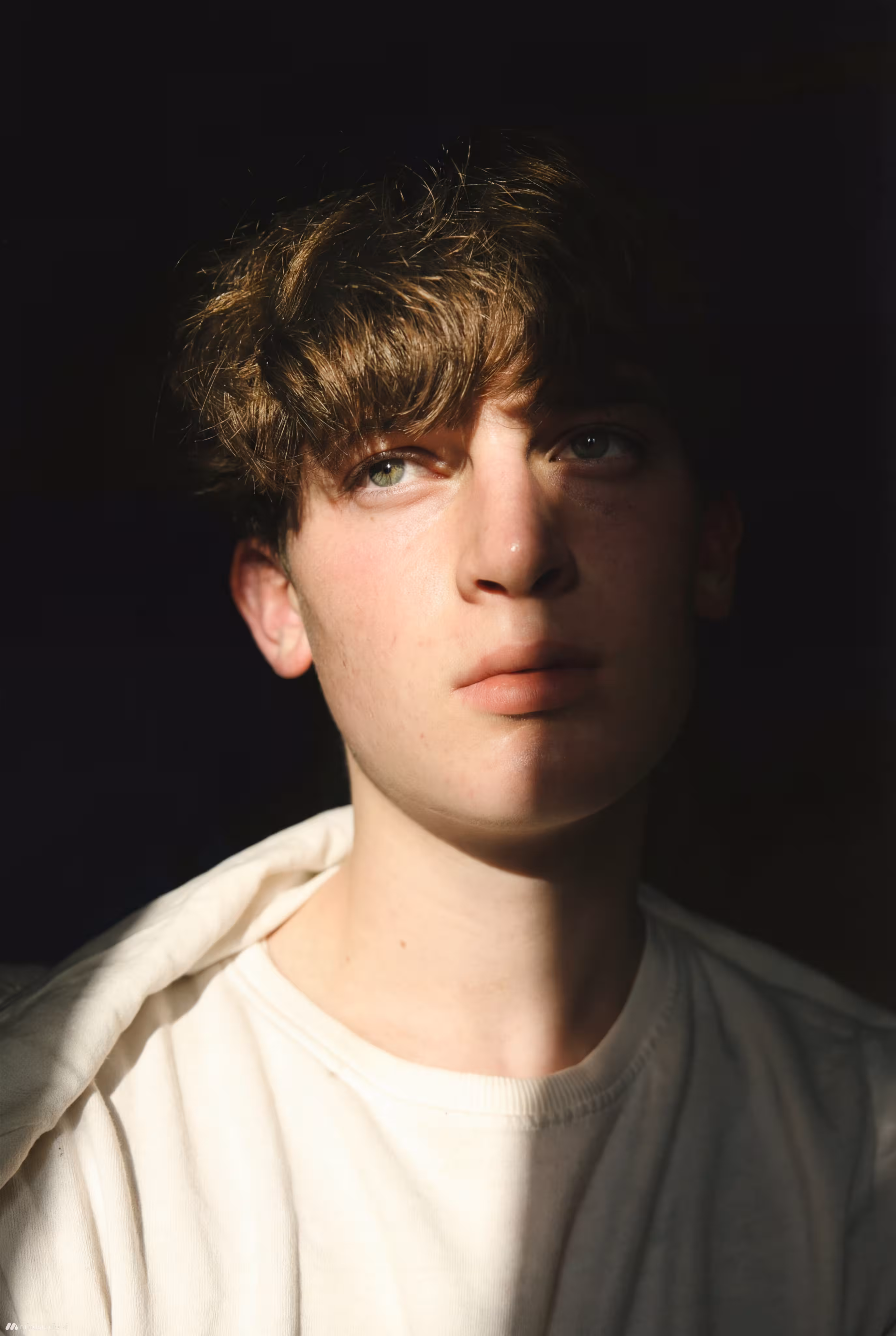 Young man with light skin and brown hair wearing a white shirt, illuminated on one side against a dark background.