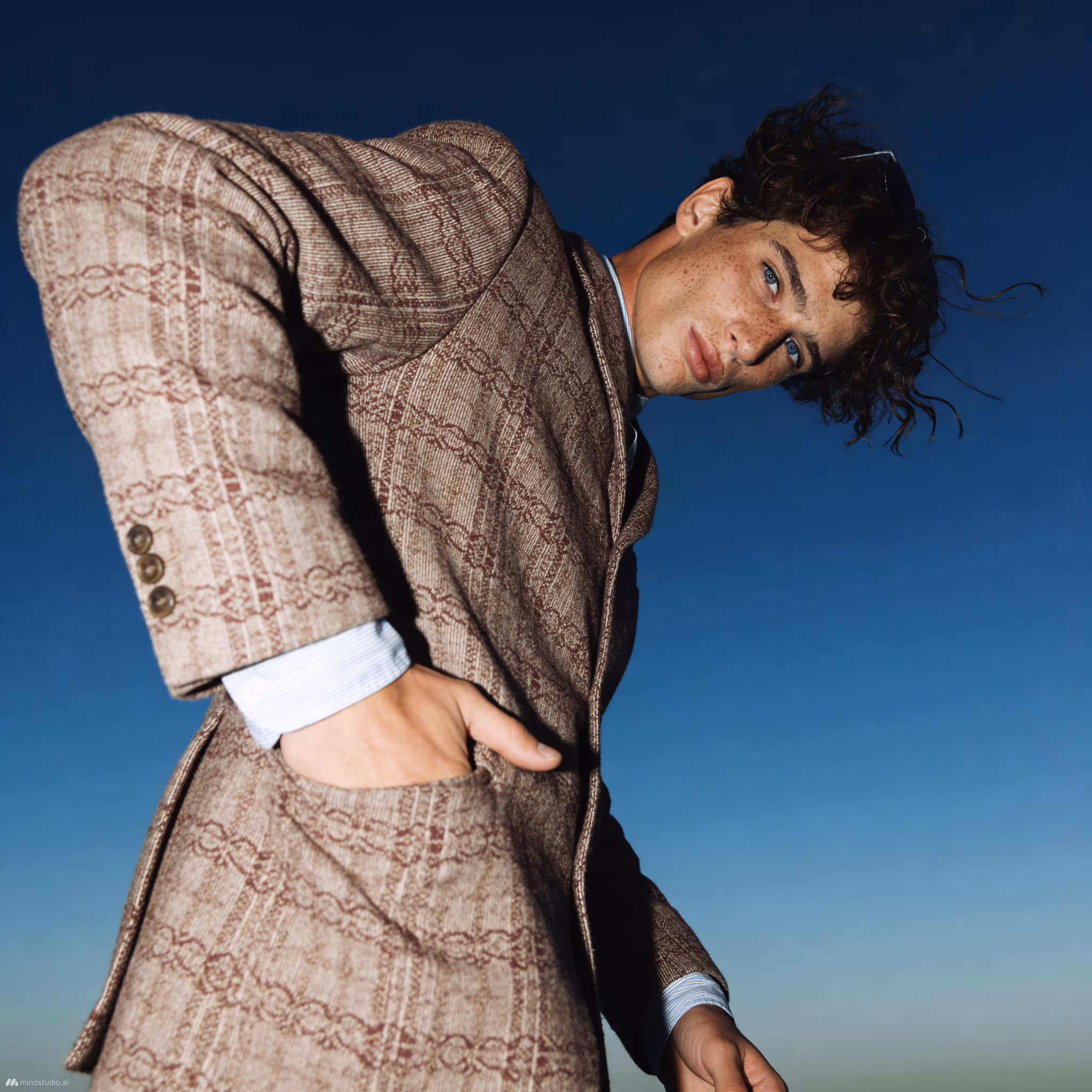 Young man with curly hair and blue eyes wearing a patterned brown suit jacket against a clear blue sky.