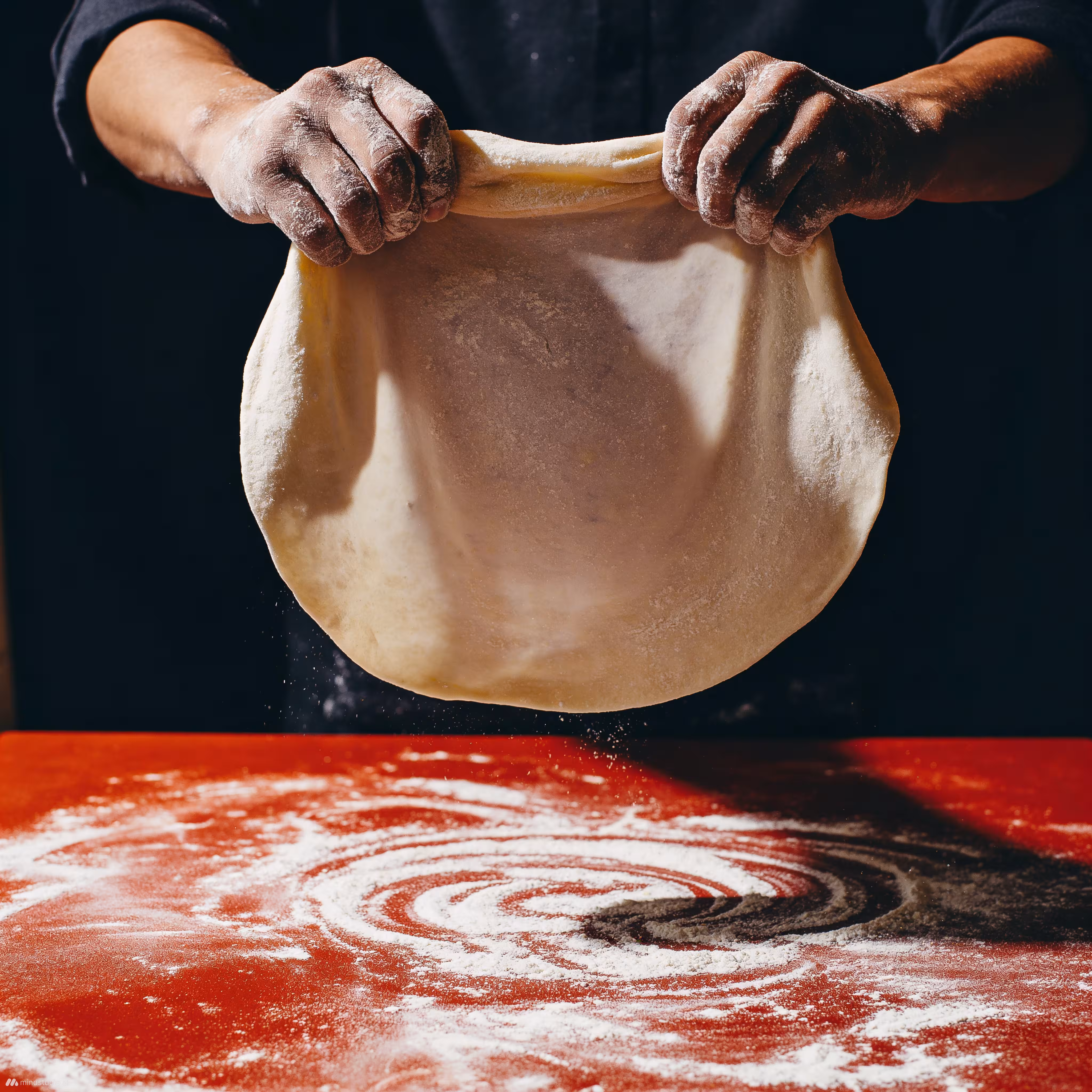 Hands stretching pizza dough over a floured red surface against a dark background.