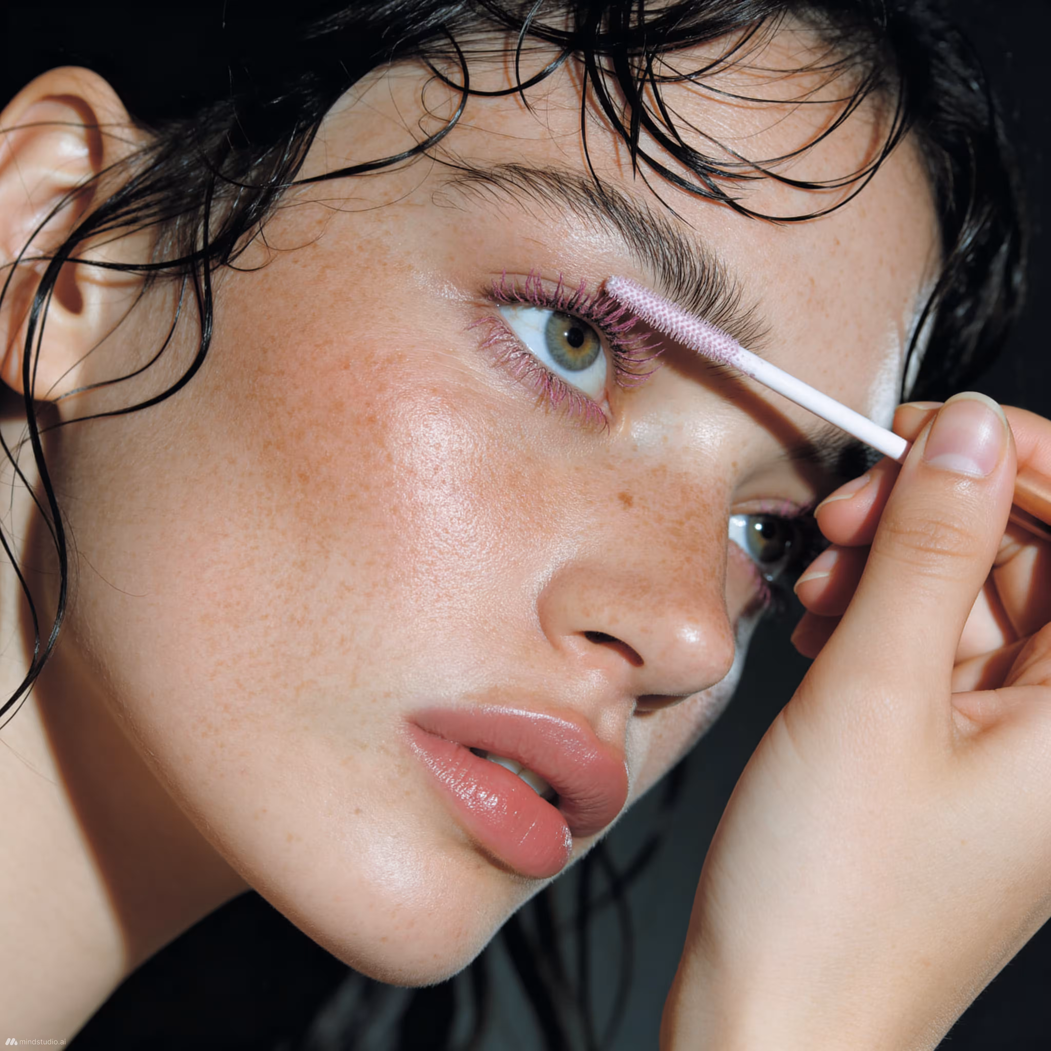 Close-up of a woman applying pink mascara to her eyelashes with a wand.