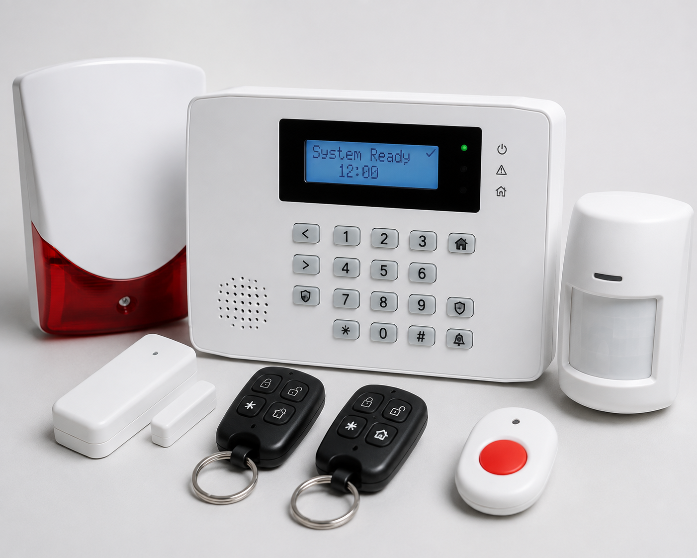  happy woman sits in her living room, secured with an alarm security system