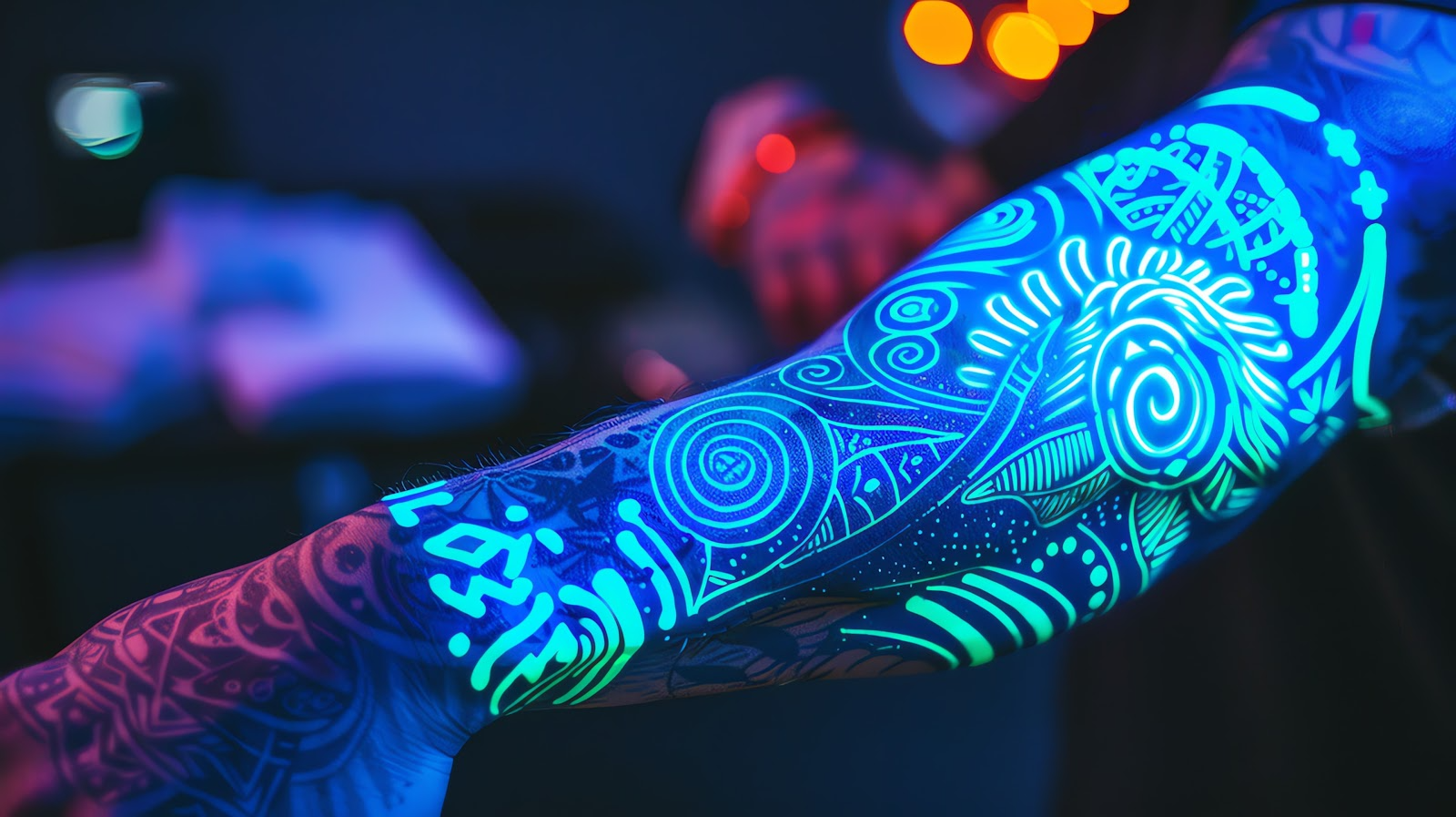 Arm of a person with glow-in-the-dark tattoos