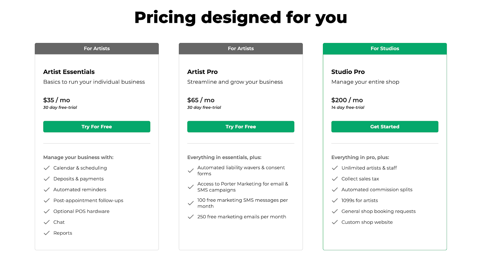 Porter tattoo software pricing
