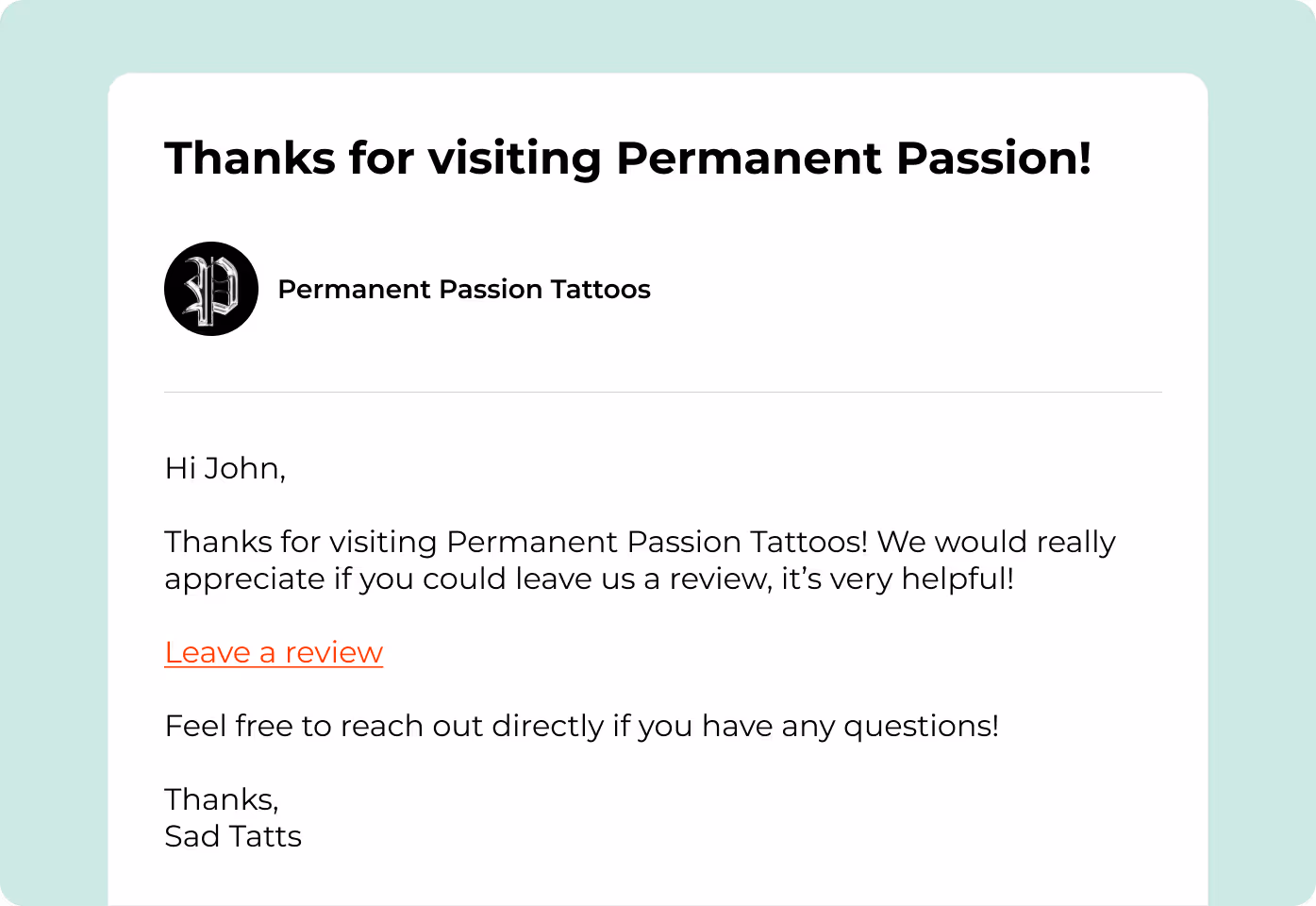 Automated review request sent to a client from Porter after checkout