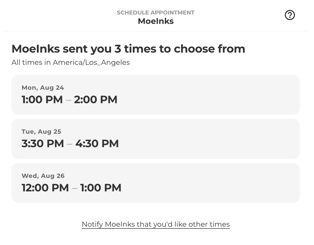 Client view in Porter showing three appointment times sent by the artist to choose from
