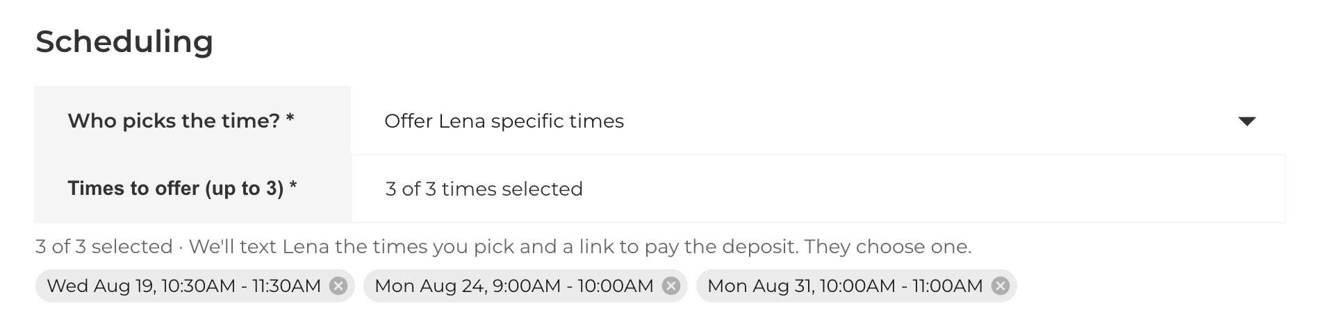 Porter scheduling screen offering a client three specific appointment times with a deposit link