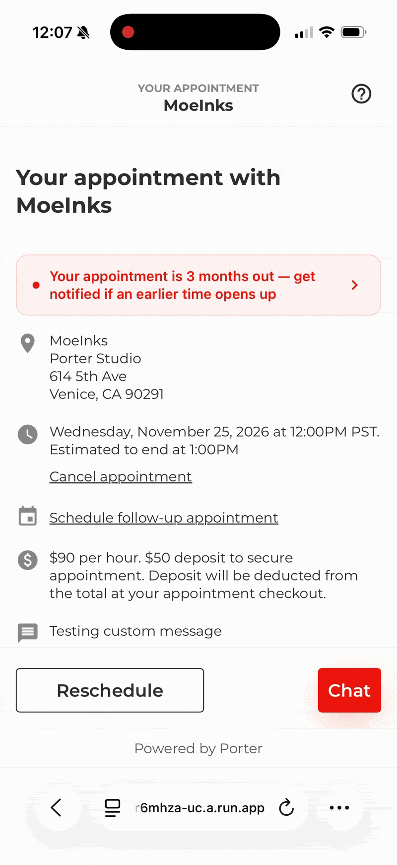 Porter client appointment page prompting a client booked three months out to get notified if an earlier time opens