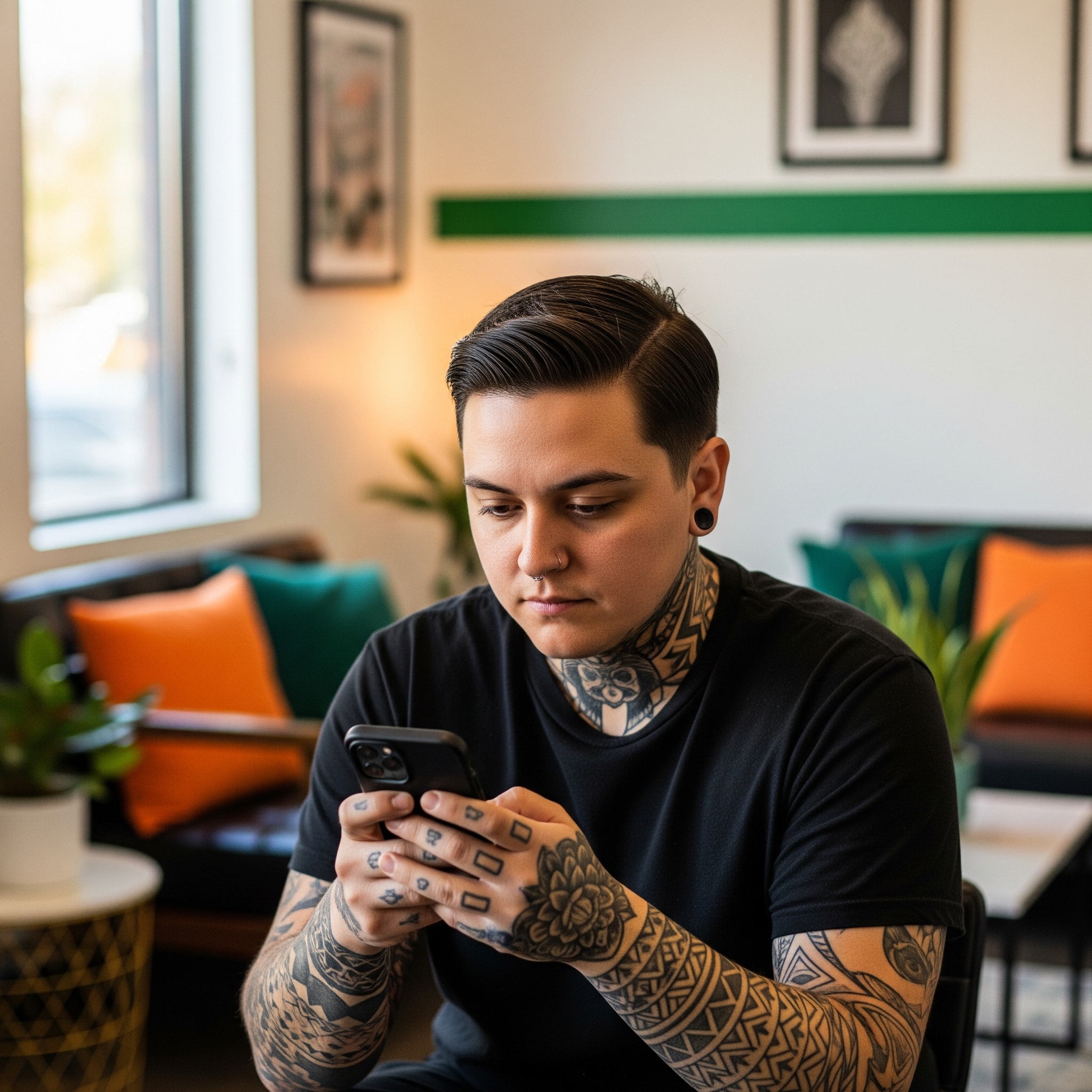 Tattooed shop owner checking bookings on a phone in a tattoo studio lounge