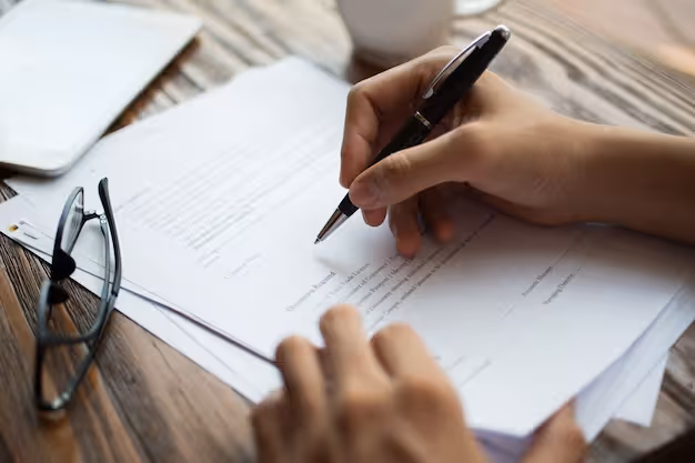 Une main tient un stylo pour le calcul du prix d'un office notarial. 