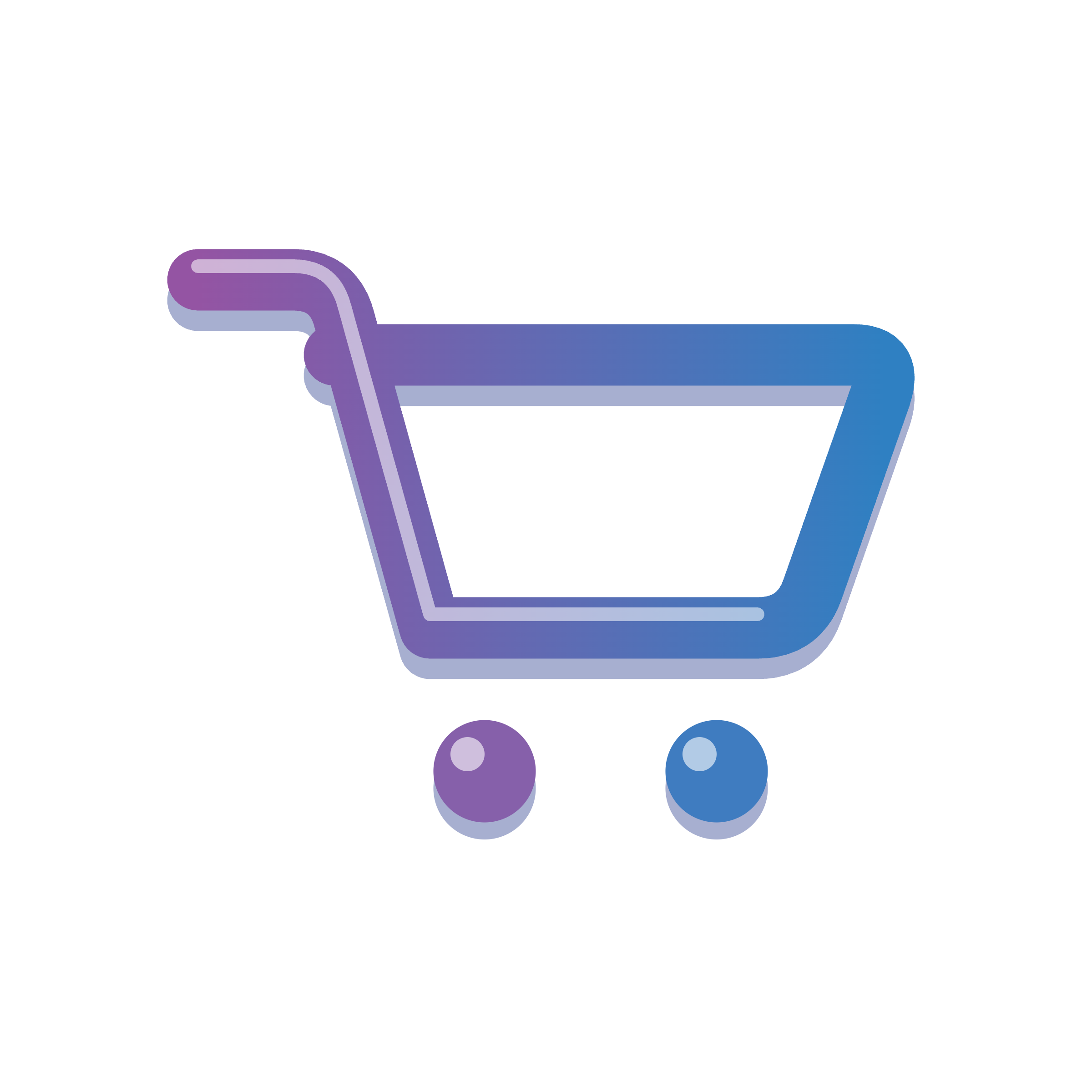 Purple and blue gradient shopping cart icon with two wheels on a black background.