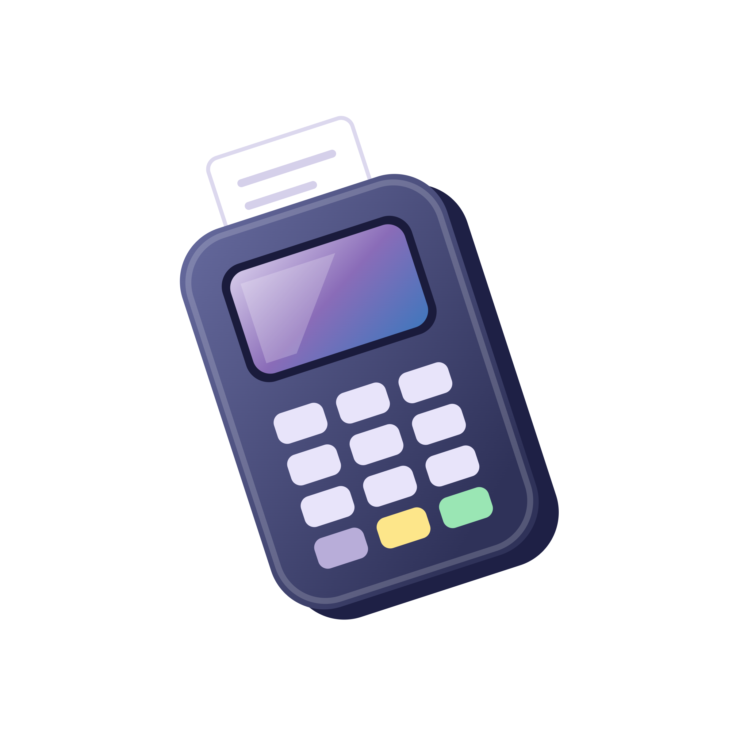 Illustration of a dark blue payment terminal with a purple screen, numeric keypad, three colored buttons, and a white receipt coming out of the top.