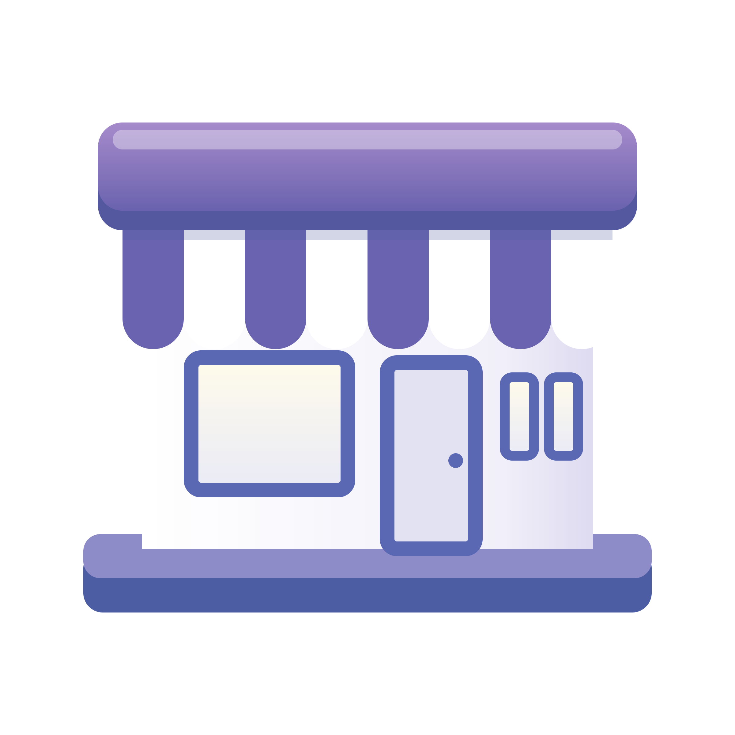 Icon of a small storefront with a purple awning, window, door, and two small rectangular signs on the right side.