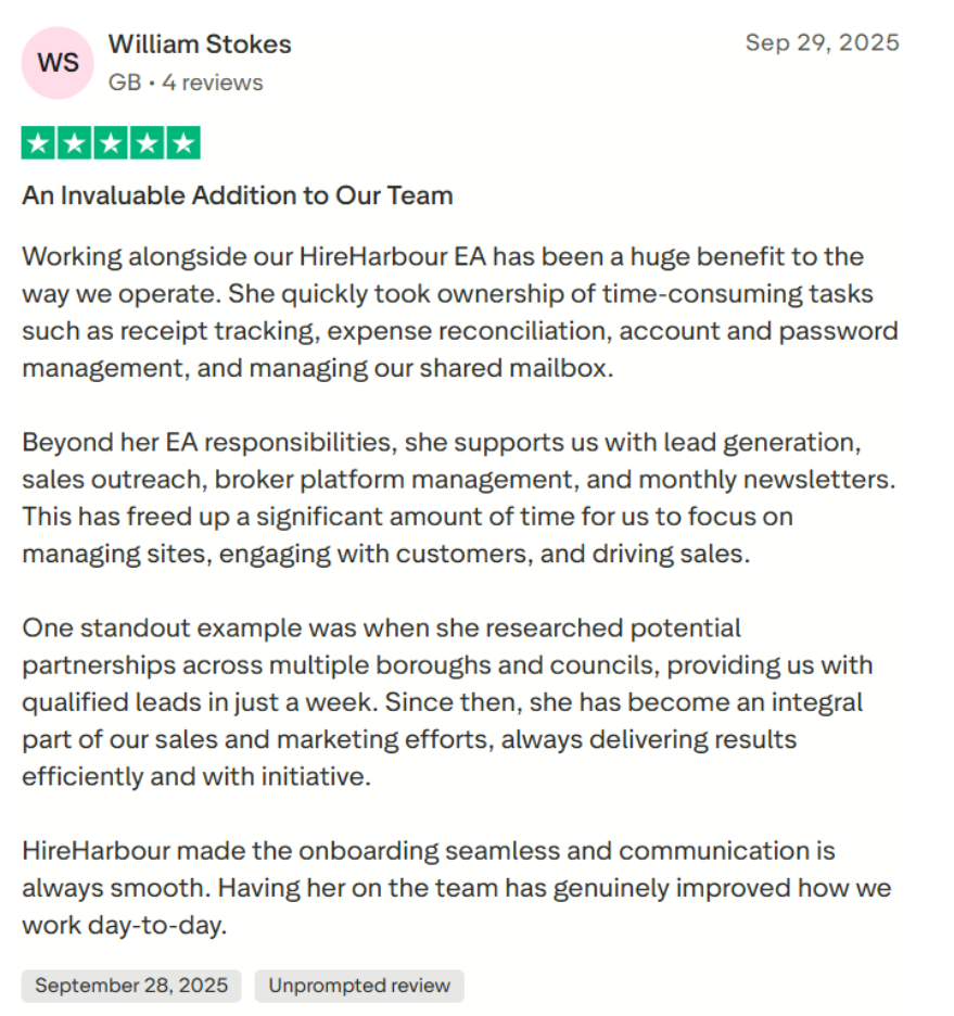 HireHarbour Trustpilot Review 1