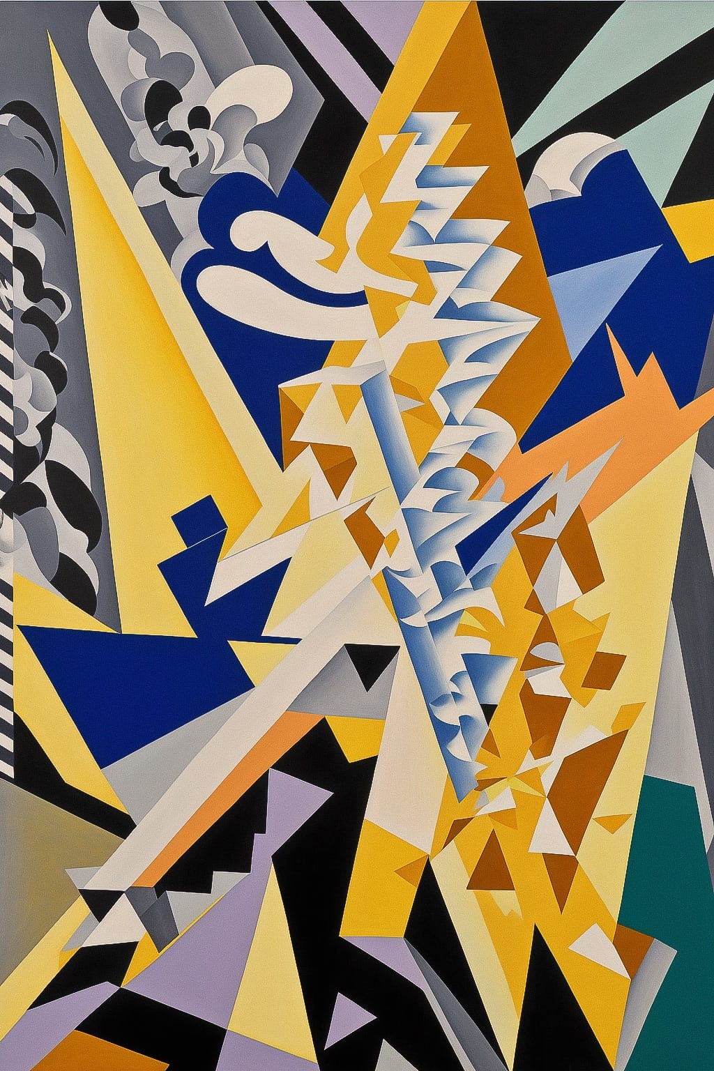 Midjourney prompt for deconstructivist abstraction by Gino Severini --v 4, showcasing AI art generation techniques and workflows.