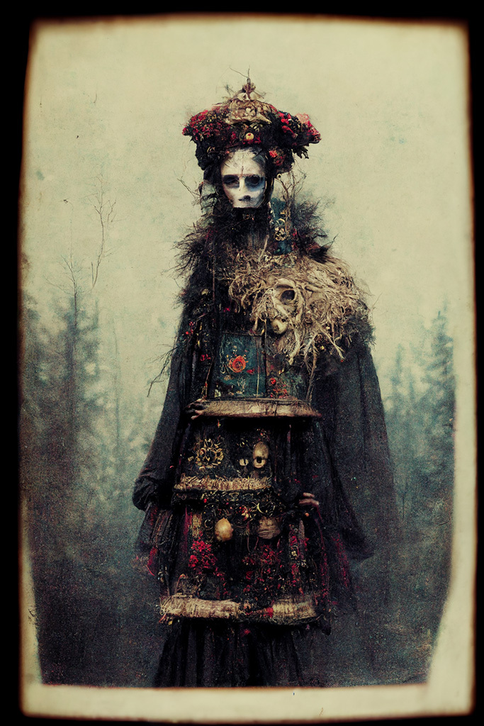 baba yaga by Paolo Roversi using Midjourney prompt variations --v3 for visual reinterpretation and image enhancement