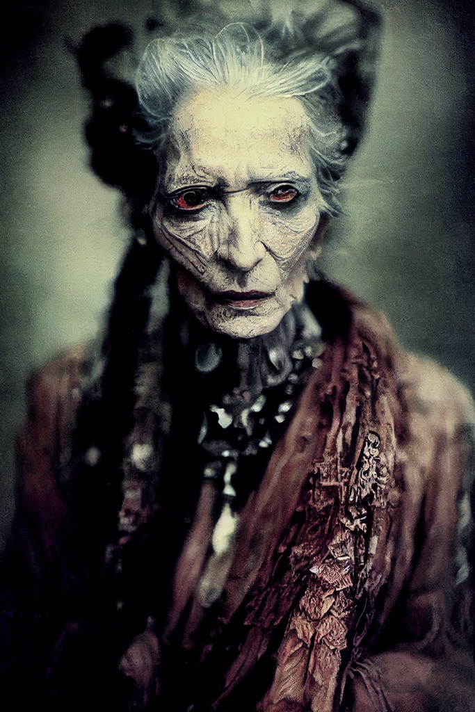 Midjourney prompt variations for image enhancement --test --creative, featuring baba yaga by Paolo Roversi, exploring visual reinterpretation and glitches.