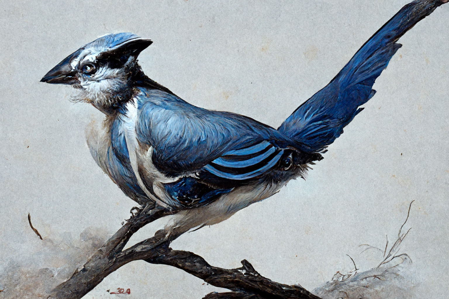 Blue jay by Archibald Thorburn, Midjourney prompt variations --v3, showcasing image enhancement techniques, visual reinterpretation, and glitch correction.
