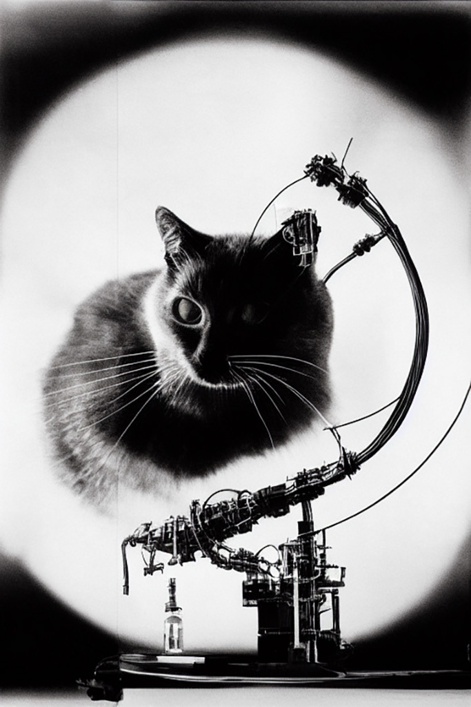Colossal antimatter combustion collider engine cat. Scientific photograph. Frontal projection. Slots, tubes, wires, shafts, cables. Midjourney prompt variations --test --creative.