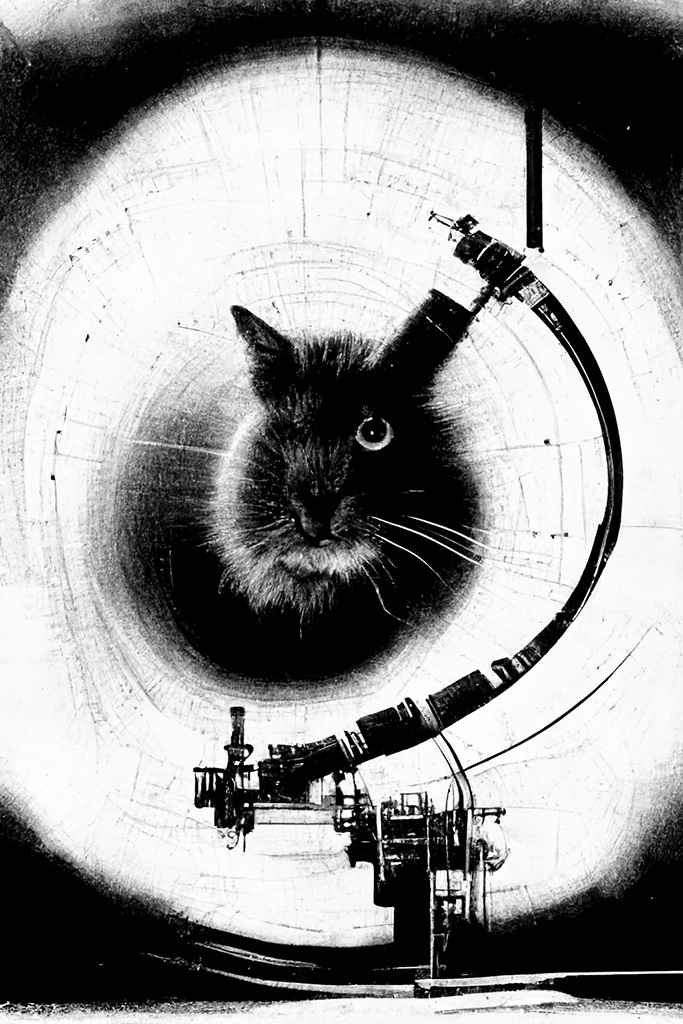 Midjourney prompt variations enhance colossal antimatter combustion collider engine cat image using --test --creative features for visual reinterpretation.