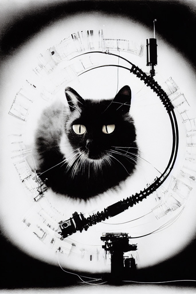Colossal antimatter combustion collider engine cat. Scientific photograph. Frontal projection. Slots, tubes, wires, shafts, cables. Midjourney prompt --test --creative.