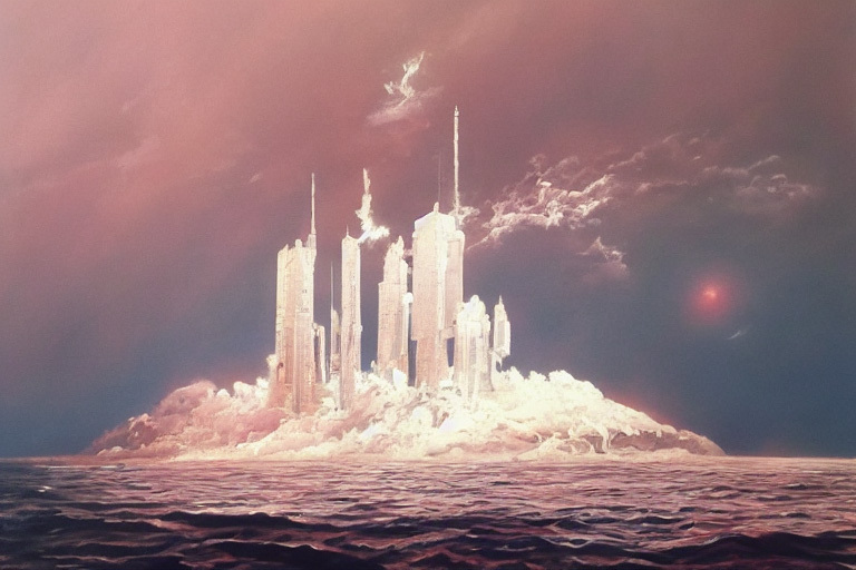 Midjourney prompt variations --test --creative enhance visual reinterpretation of futuristic cityscape over water.