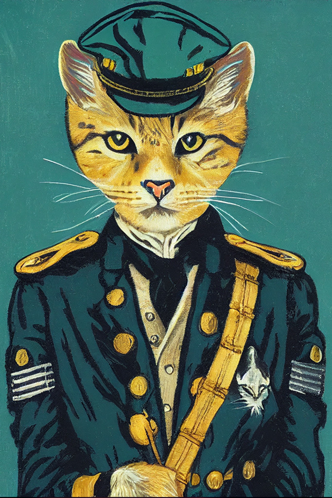 Wild cat in XIX century admiral uniform, Midjourney prompt --test --creative, showcasing visual reinterpretation techniques.