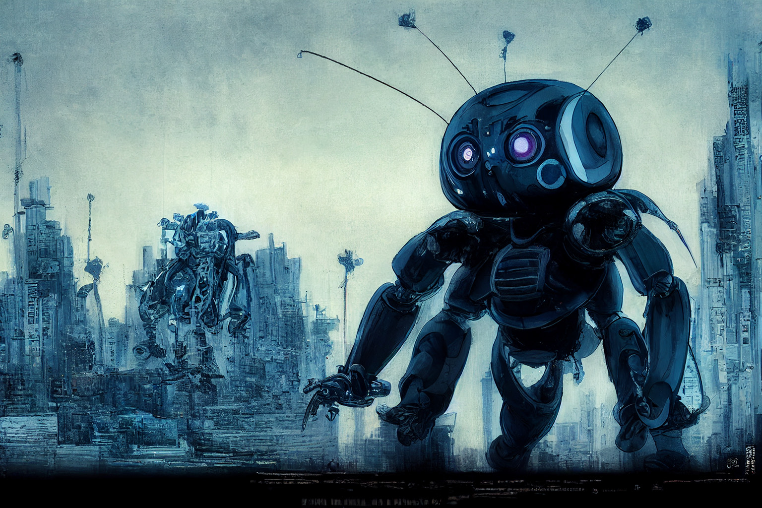 Tachikoma by Tsutomu Nihei, Midjourney prompt variations --test --creative for image enhancement.
