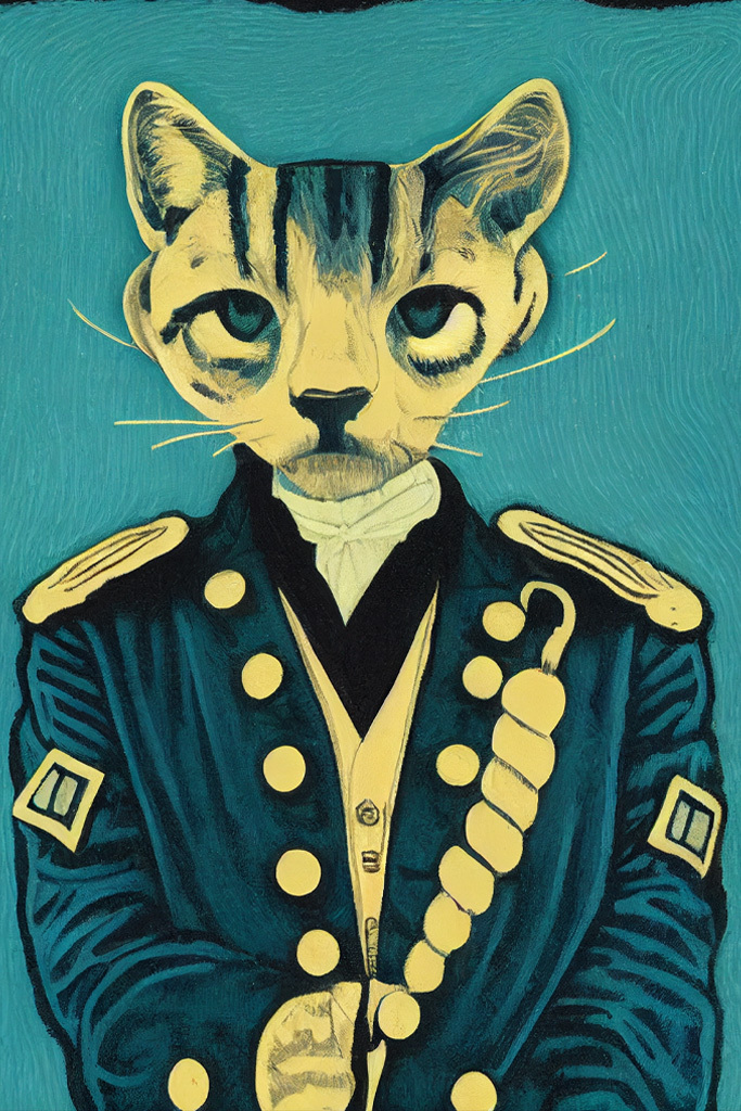 Midjourney prompt for wild cat XIX century admiral Nelson by Billy Childish using --test --creative for image enhancement.