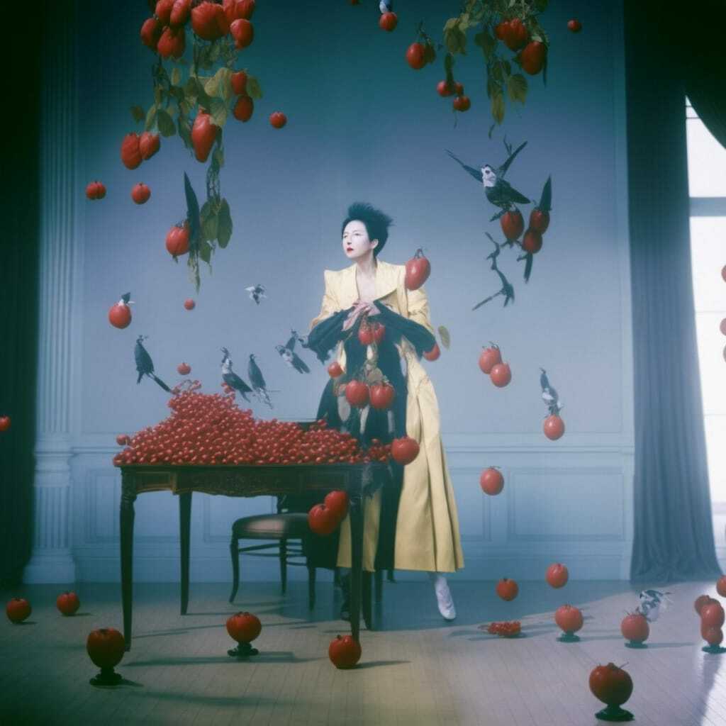 Midjourney prompt showcasing surreal composition with floating tomatoes, birds, and model in yellow attire, emphasizing prompt engineering techniques.