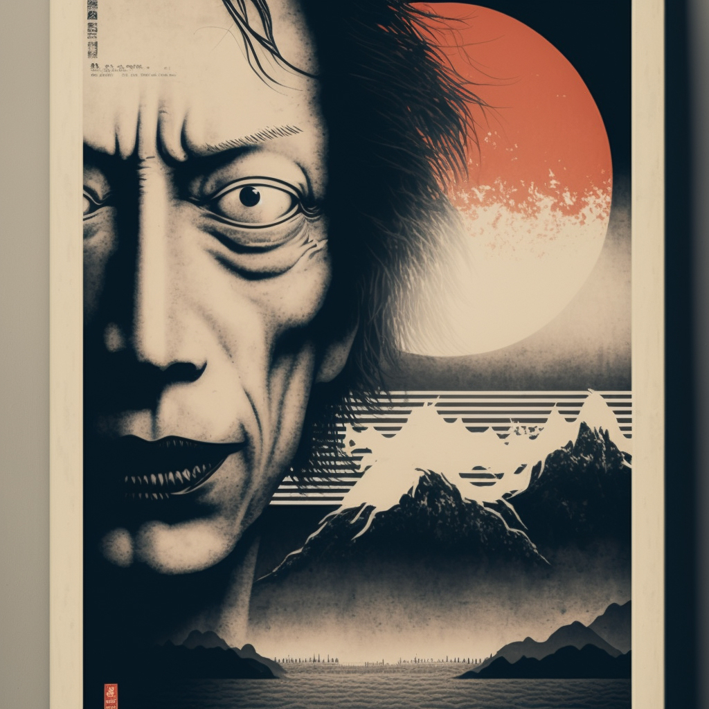 Japanese poster graphics showcasing Midjourney prompt engineering, image generation techniques, and artistic styles in AI visual composition.