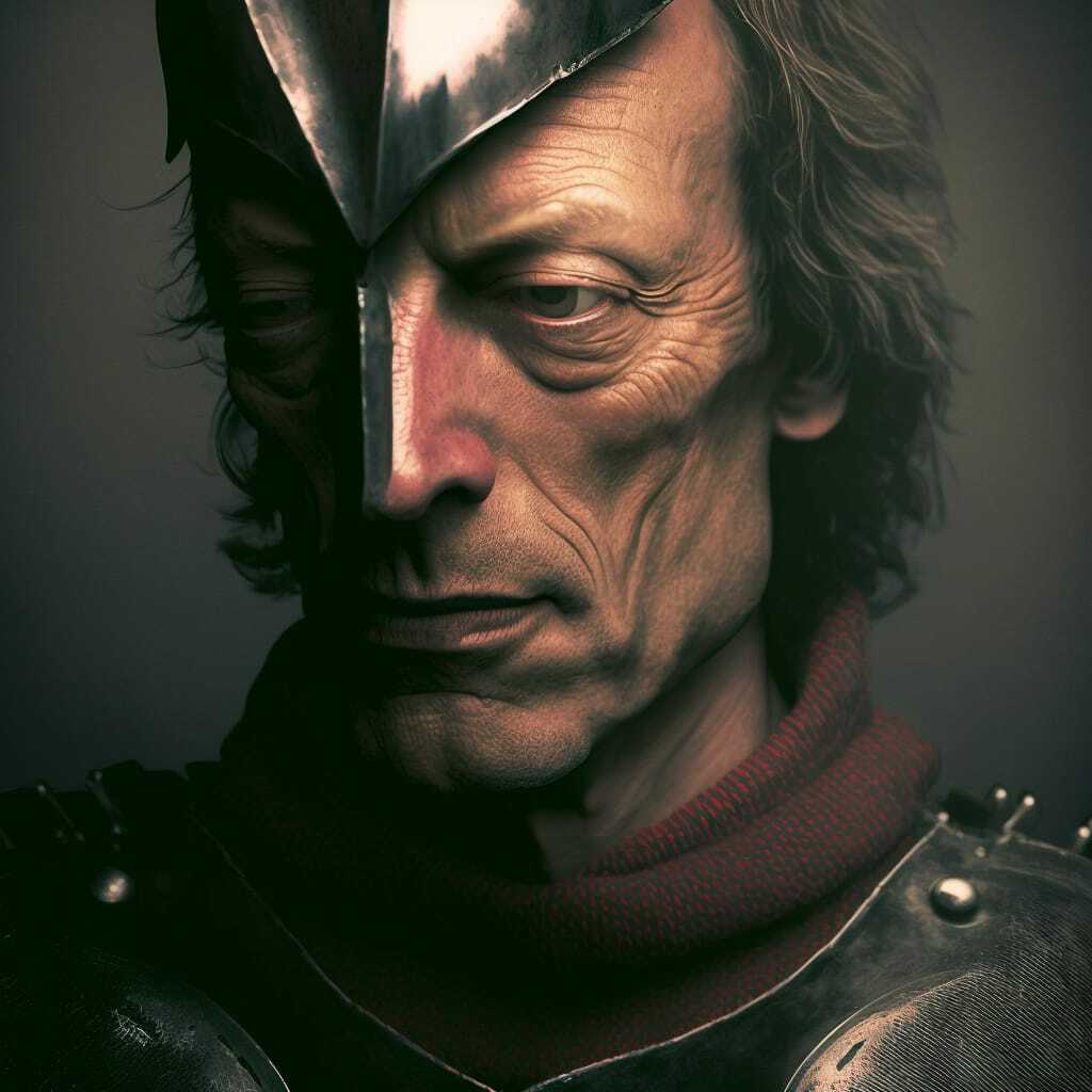 Knight portrait generated using Midjourney prompt techniques, showcasing detail attention, composition, and artist styles.