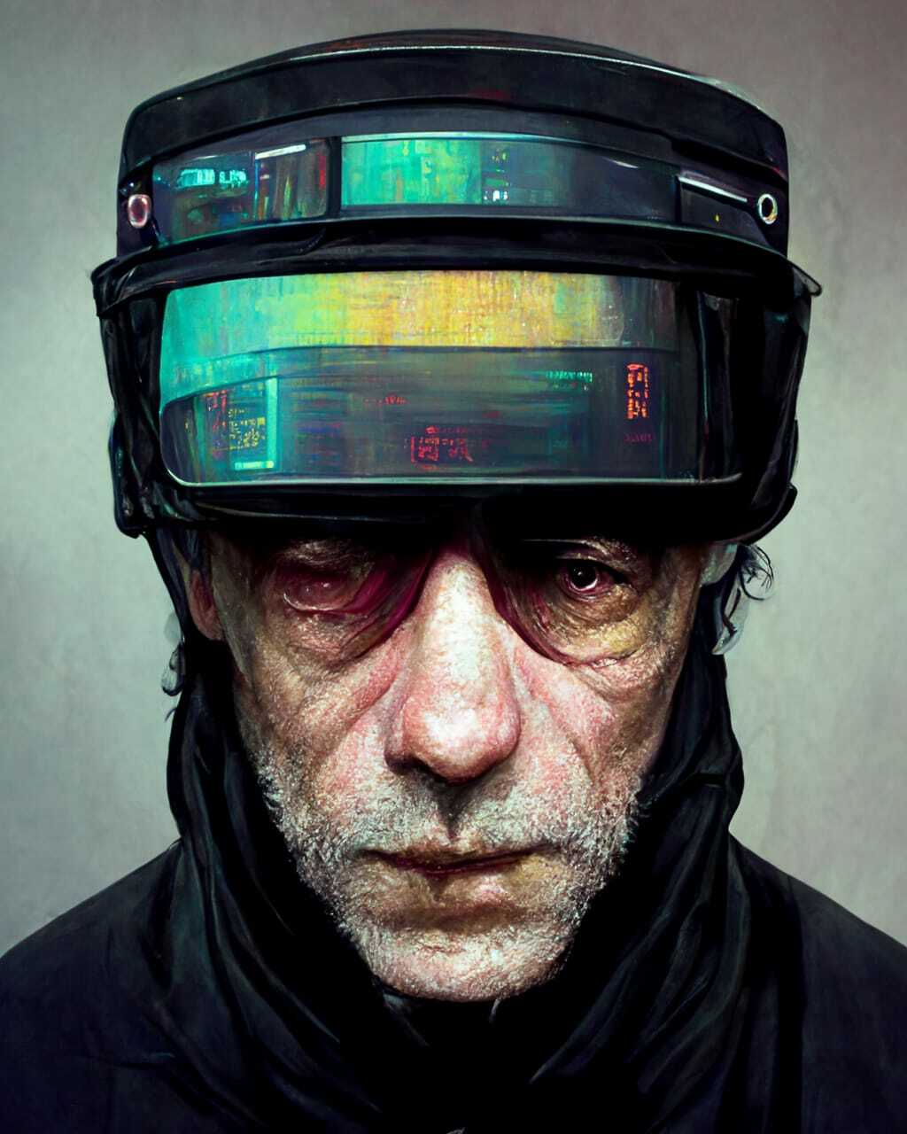 Midjourney prompt for cyberpunk character wearing visor, --iw 0.5 --stylize 1625 --v 3, showcasing AI image generation techniques.