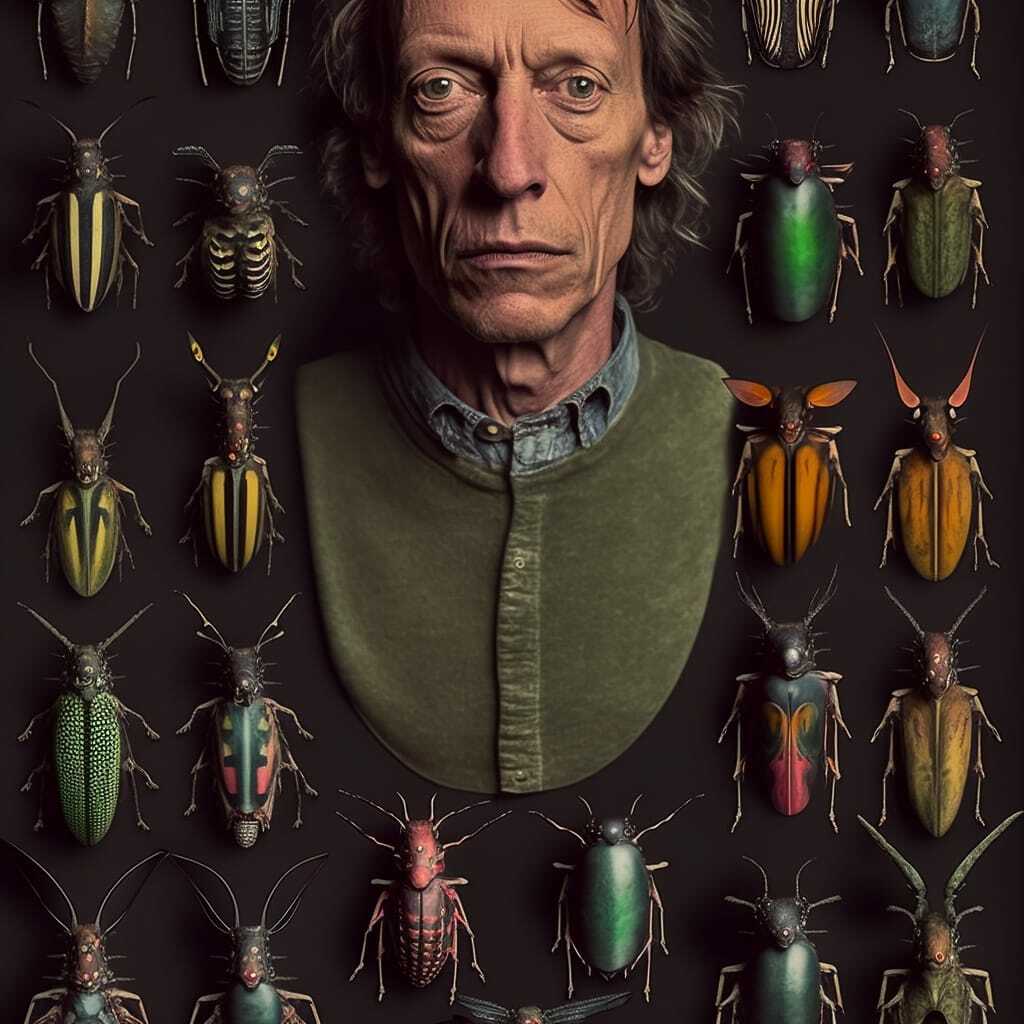 Midjourney prompt showcasing beetles collection, blending human features with insect characteristics, demonstrating prompt engineering and AI image generation techniques.