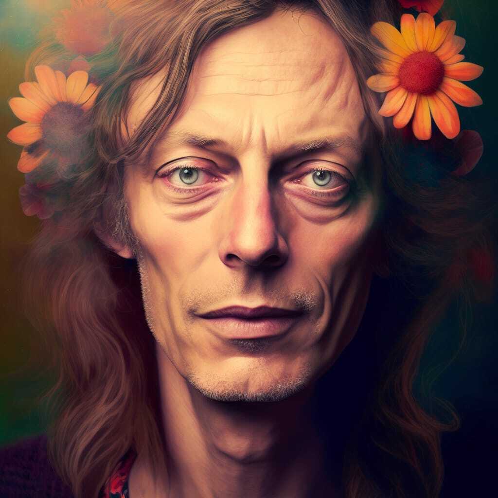 Midjourney prompt engineering for Summer Of Love child, showcasing AI image generation, artist styles, detail attention, composition techniques.