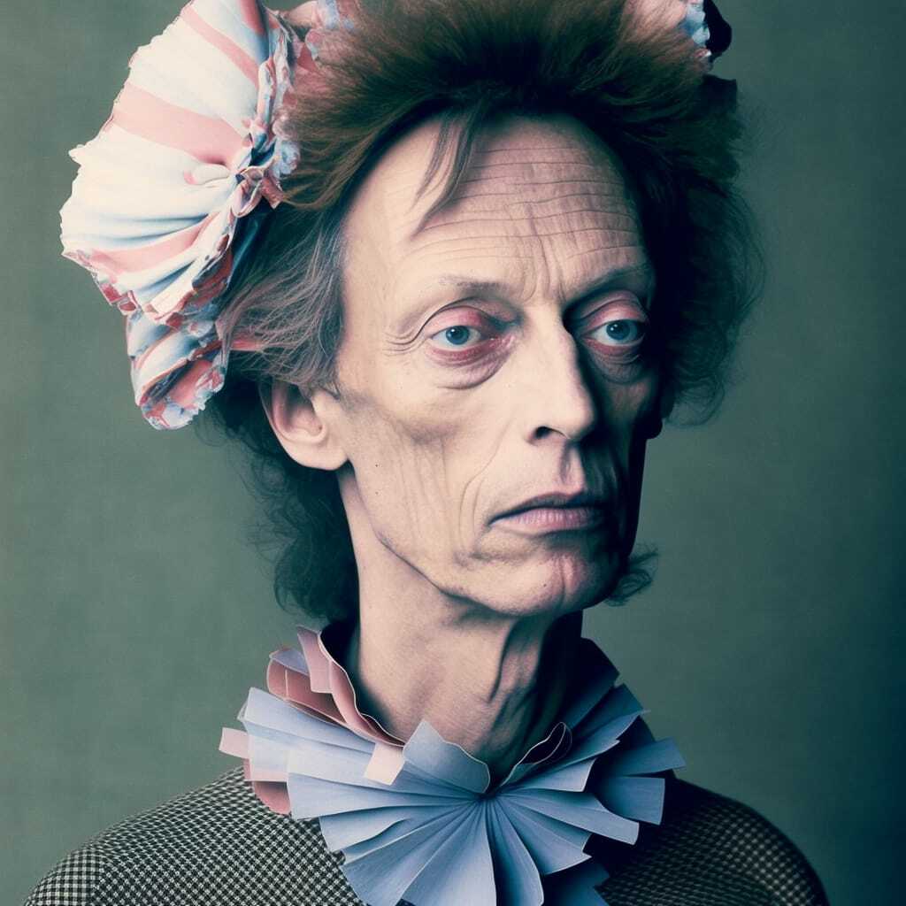 Midjourney prompt for fashion icon by Tim Walker, showcasing unique character design, detailed composition, and artistic styling techniques.