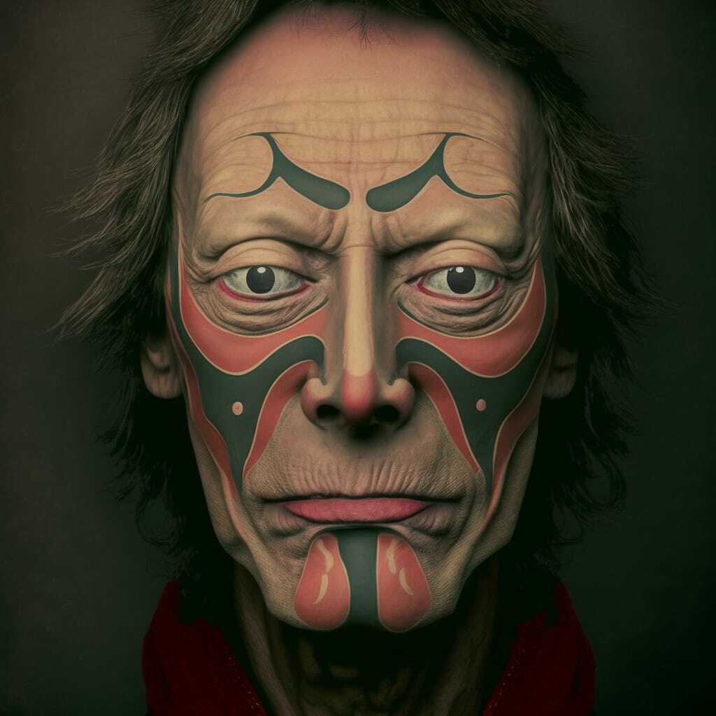 Japanese folk theatre mask representation using Midjourney prompt techniques for detailed AI image generation.