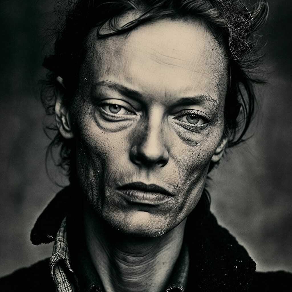 Midjourney prompt for detailed portrait generation, showcasing techniques in prompt engineering and artistic styles by Anton Corbijn.