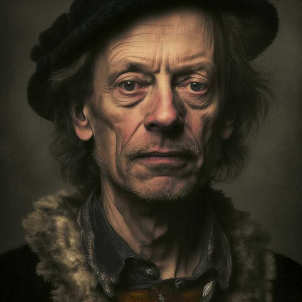 Midjourney prompt engineering techniques illustrated through detailed portrait inspired by Rembrandt, showcasing AI image generation capabilities.
