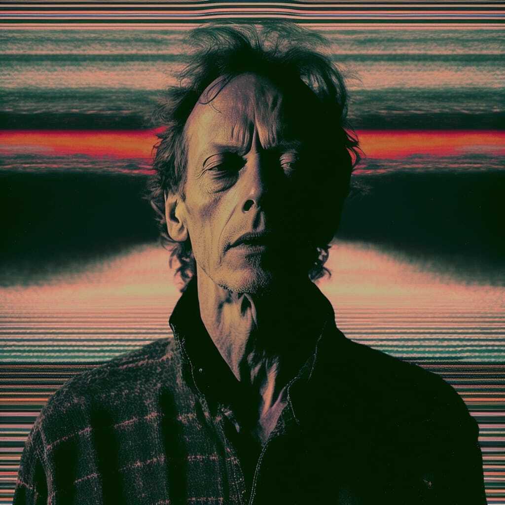Midjourney prompt showcasing digital glitch art, VHS distortions, artificial intelligence evolution, emphasizing prompt engineering techniques and image generation.