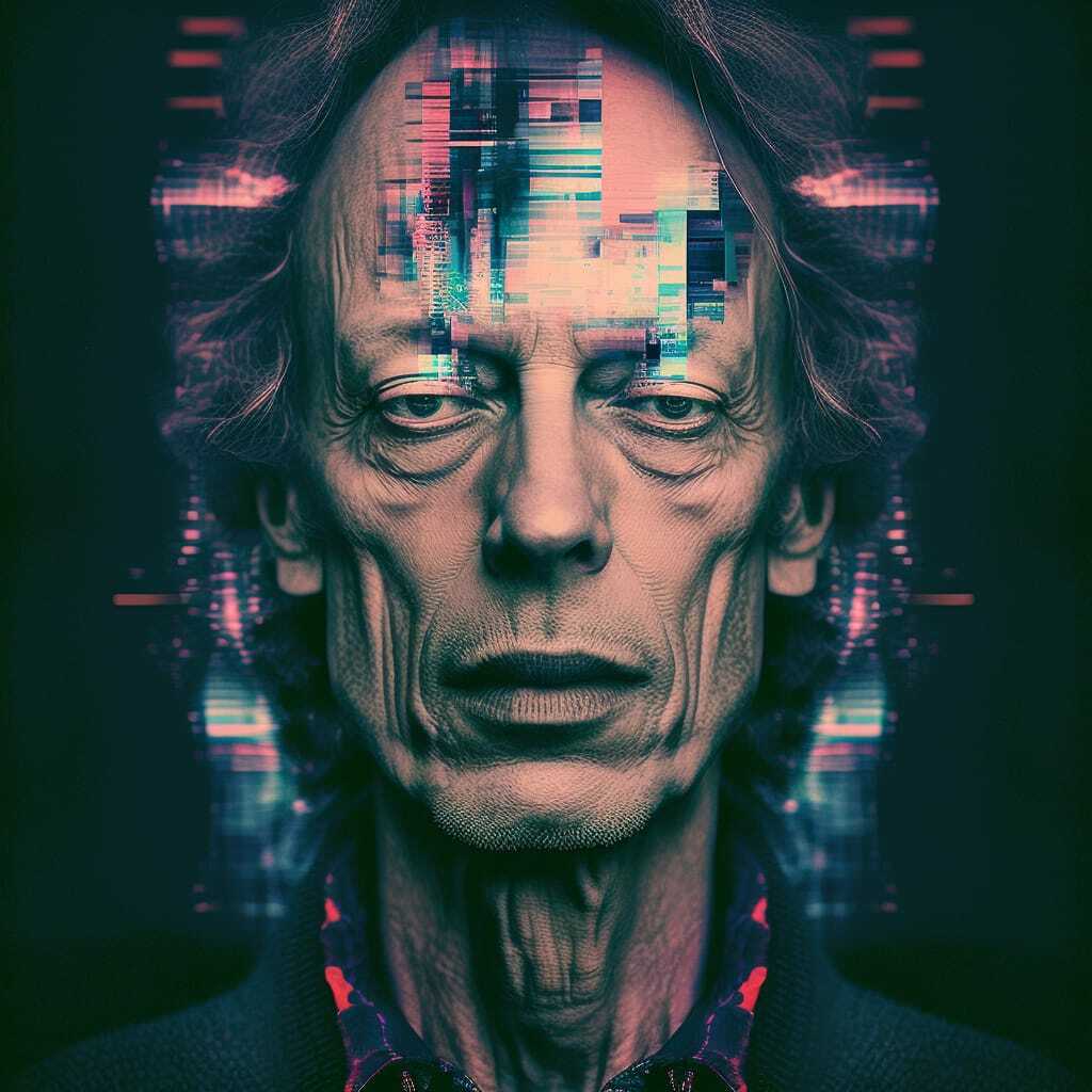 Digital glitch god representation using Midjourney prompt techniques, showcasing AI image generation and artistic styles.