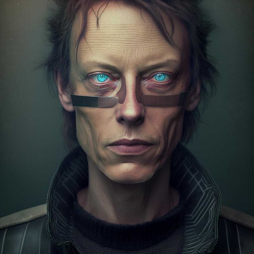 Cyberpunk mugshot generated using Midjourney prompt techniques, showcasing AI image generation and detail attention.