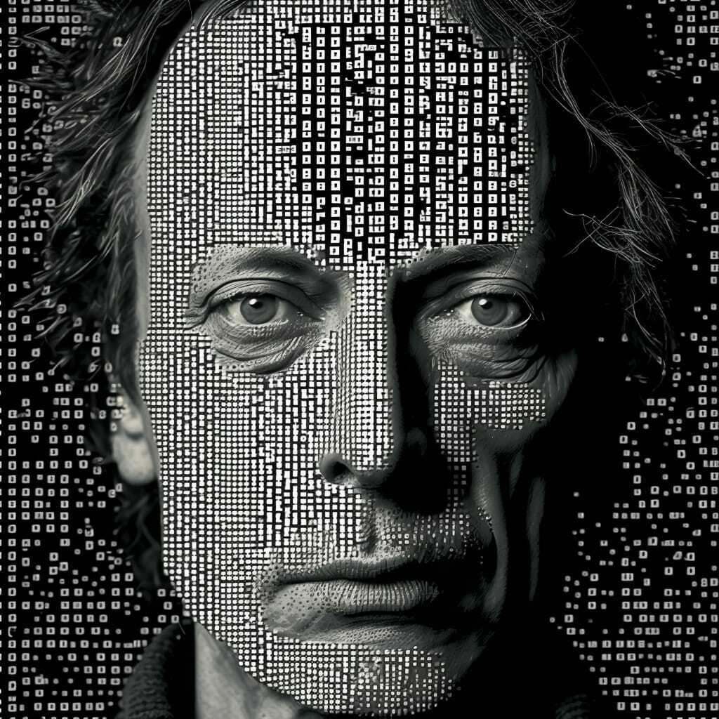 ASCII art representation of human face with digital patterns, showcasing Midjourney prompt engineering techniques.