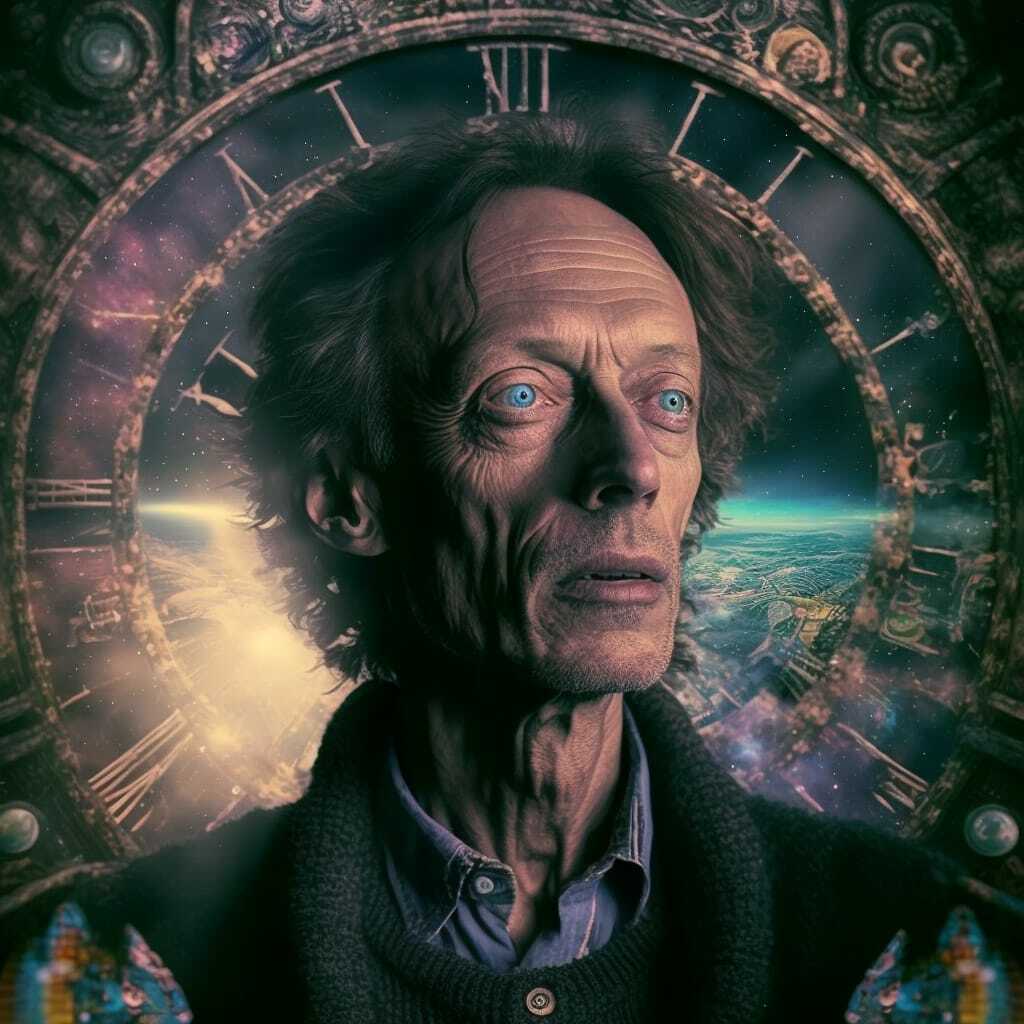 Midjourney prompt showcasing eternal interdimensional being, time manipulation, cosmic elements, detailed character features, AI image generation techniques.