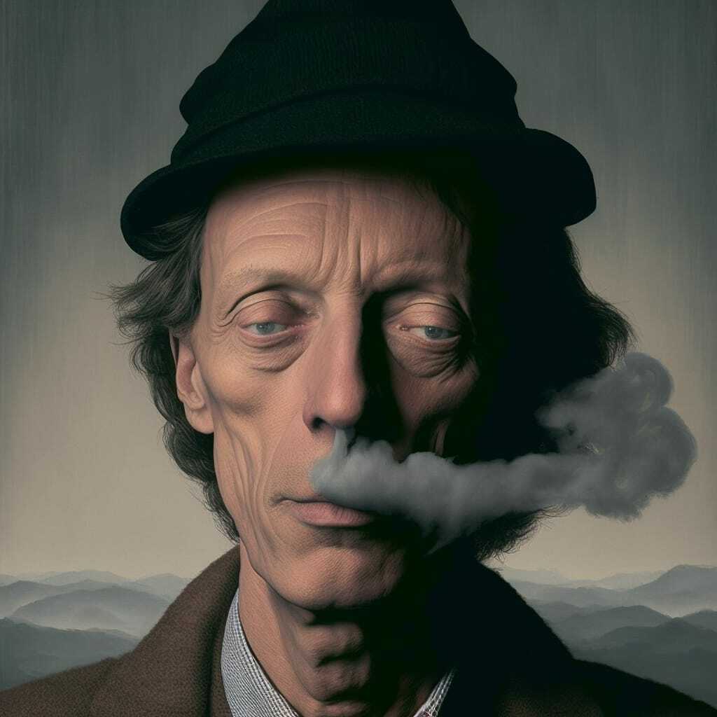 Midjourney prompt for generating image of opium smoker inspired by René Magritte, focusing on detail attention and composition techniques.