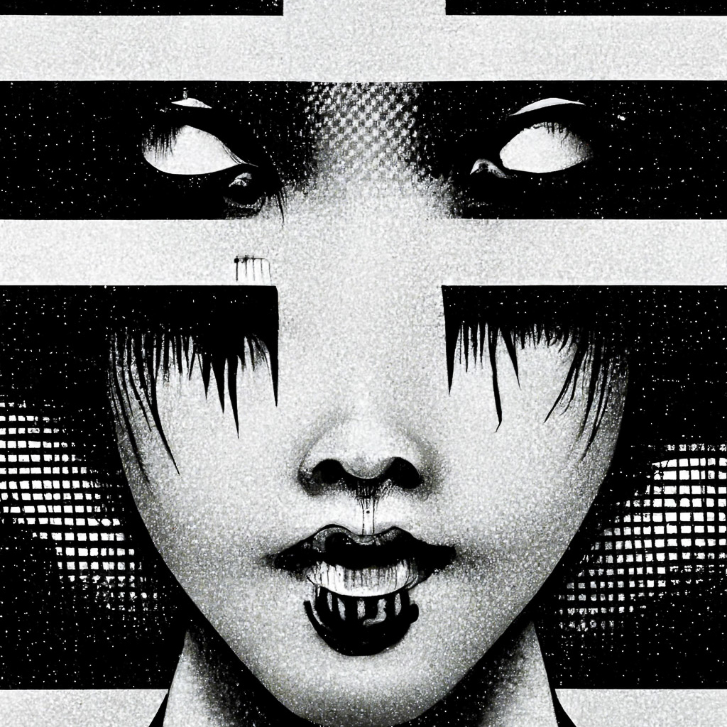 Cyberpunk Japanese graphical black and white poster, Midjourney prompt engineering, image generation techniques, blending styles, detail attention, composition --v 3.