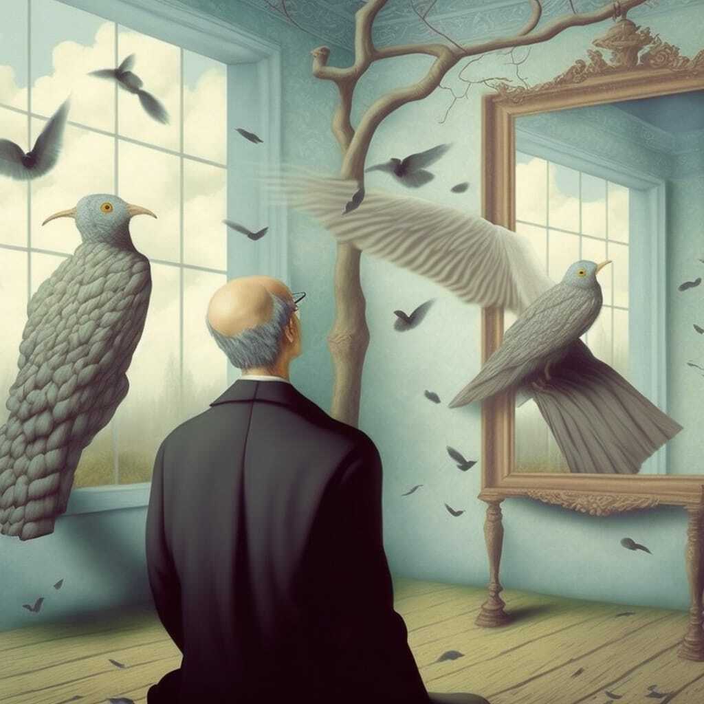 Midjourney prompt featuring surreal scene with birds, reflection, and artistic elements by René Magritte --v 4.